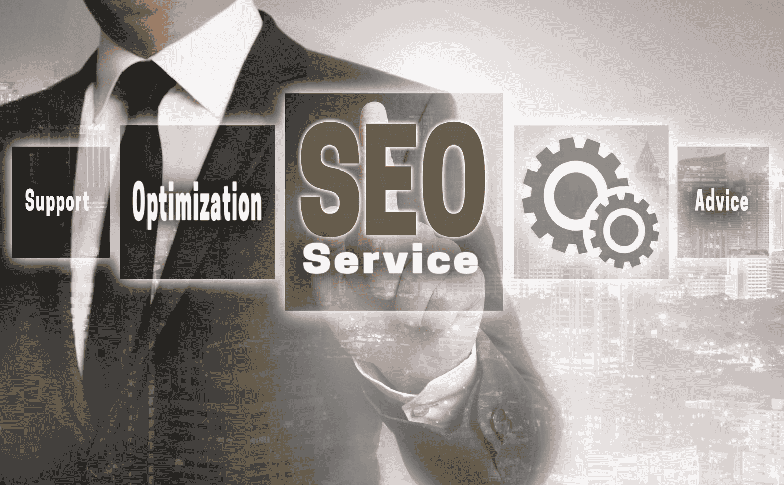 Businessperson Clicking the SEO Service Text on Screen