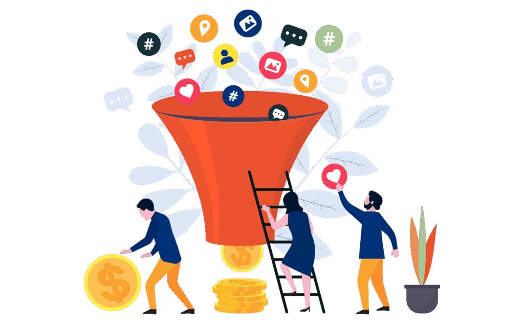 Social Media Sales Funnel Illustration with Characters