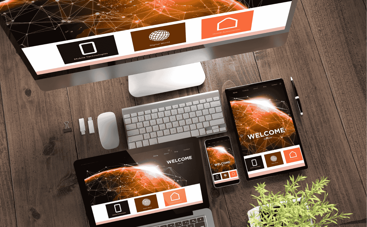 wooden desktop devices online landing page responsive design